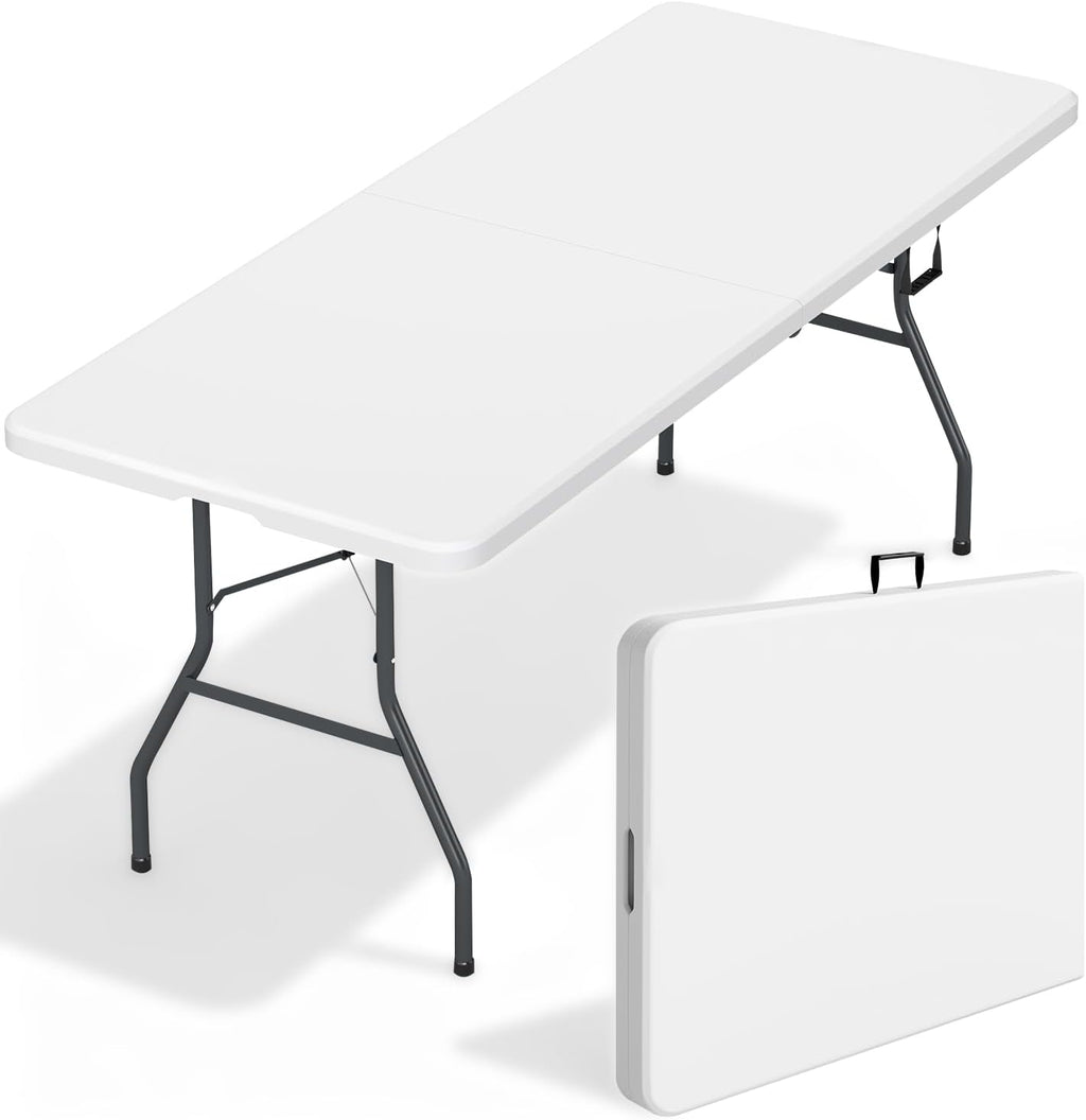 6-Foot Folding Table. Portable Bi-Fold Plastic Picnic/Party Table with Carrying Handle (White)