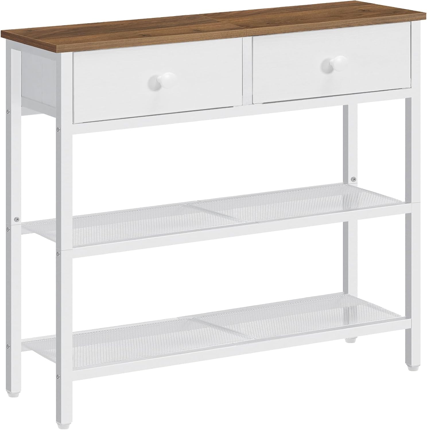 Narrow entryway table/console table featuring two fabric drawers and three storage shelves.