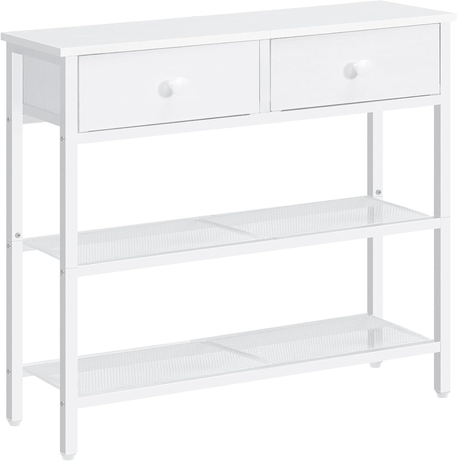 Narrow entryway table/console table featuring two fabric drawers and three storage shelves.