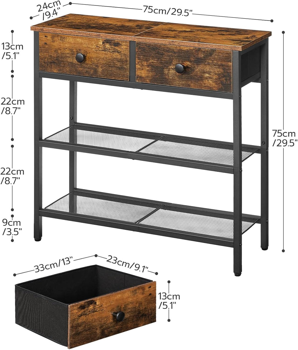 Narrow entryway table/console table featuring two fabric drawers and three storage shelves.