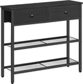 Narrow entryway table/console table featuring two fabric drawers and three storage shelves.