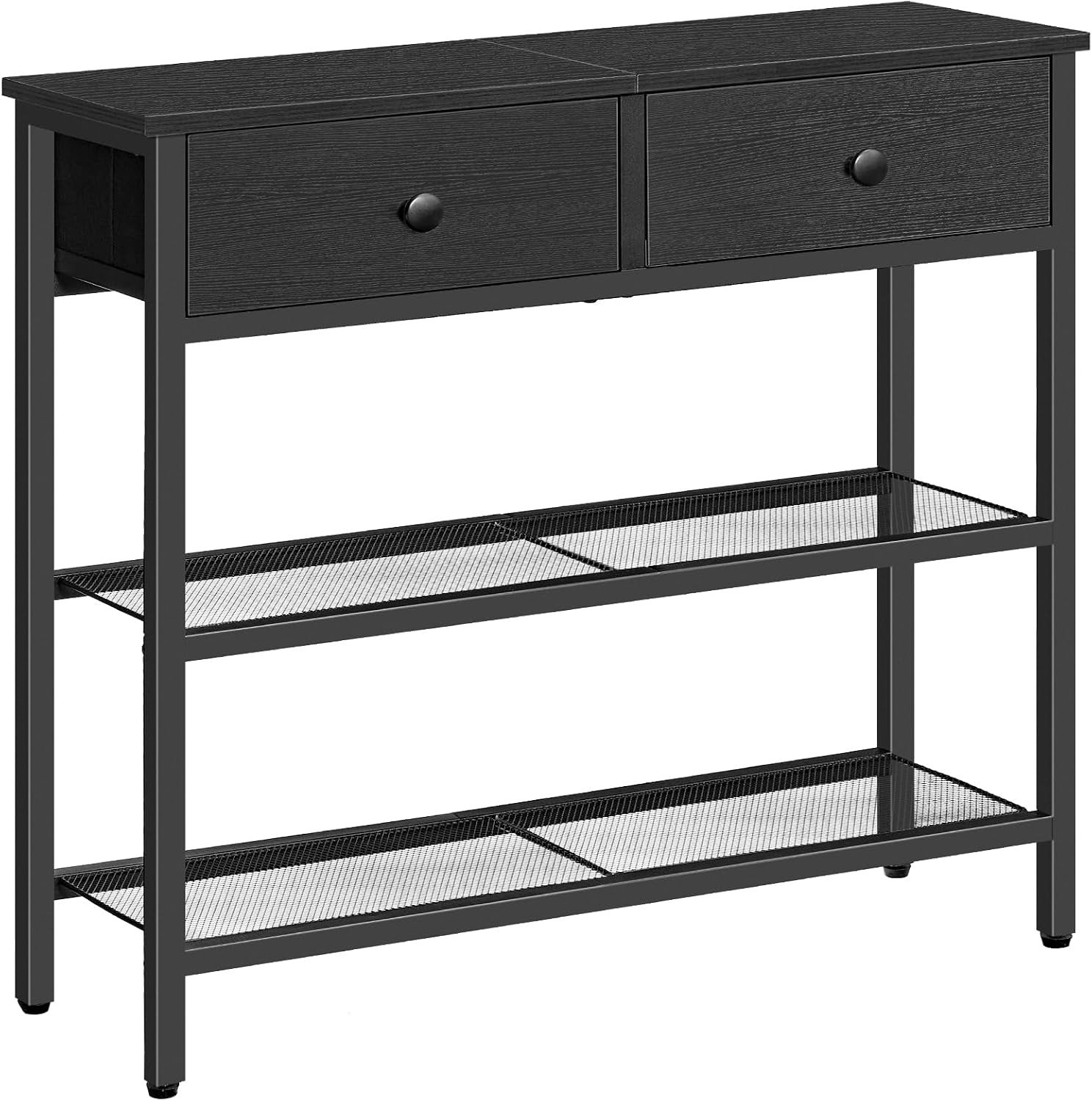 Narrow entryway table/console table featuring two fabric drawers and three storage shelves.