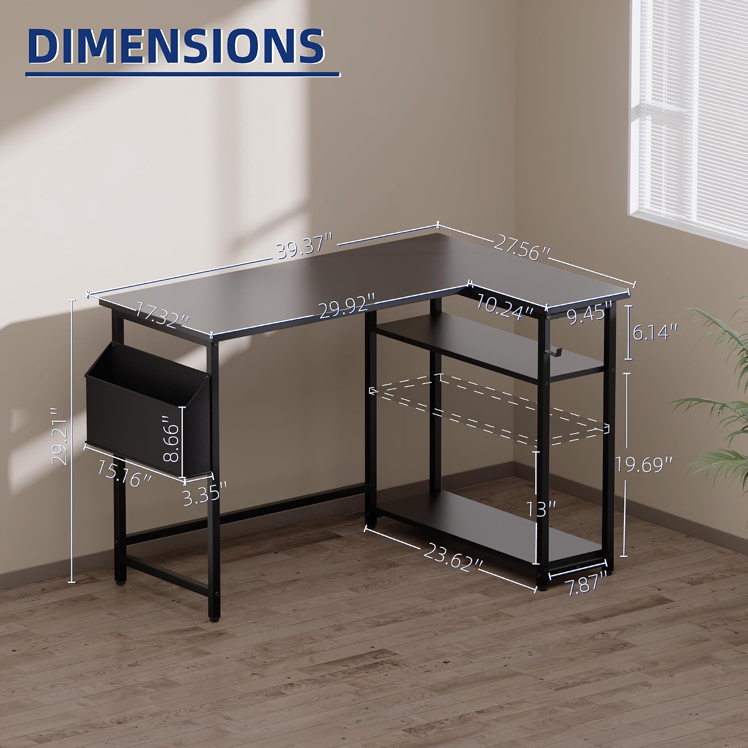 L-shaped computer desk featuring reversible side storage shelves.