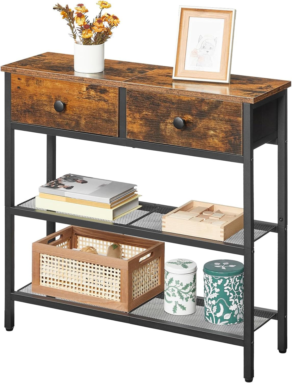 Narrow entryway table/console table featuring two fabric drawers and three storage shelves.