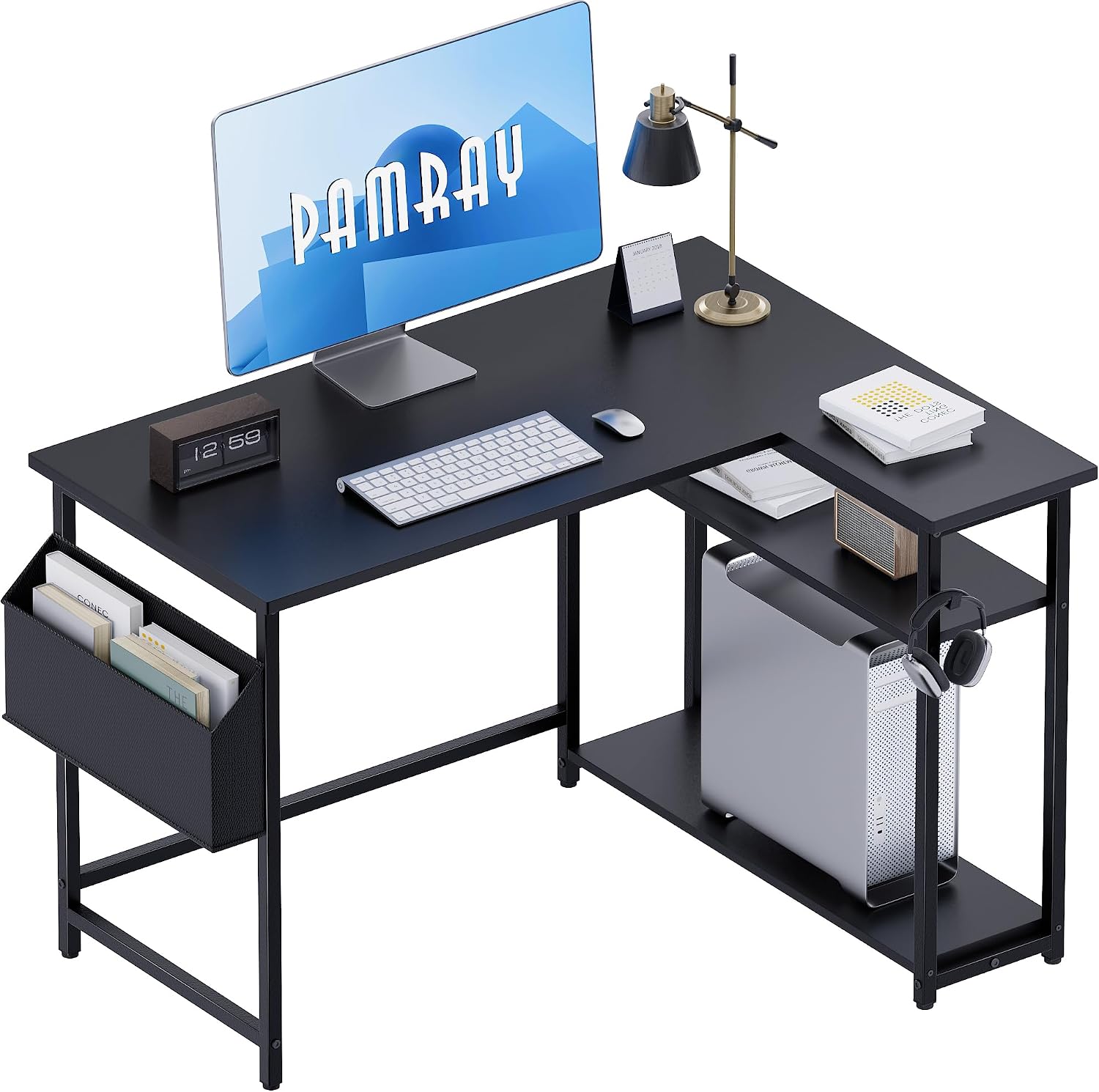 L-shaped computer desk featuring reversible side storage shelves.