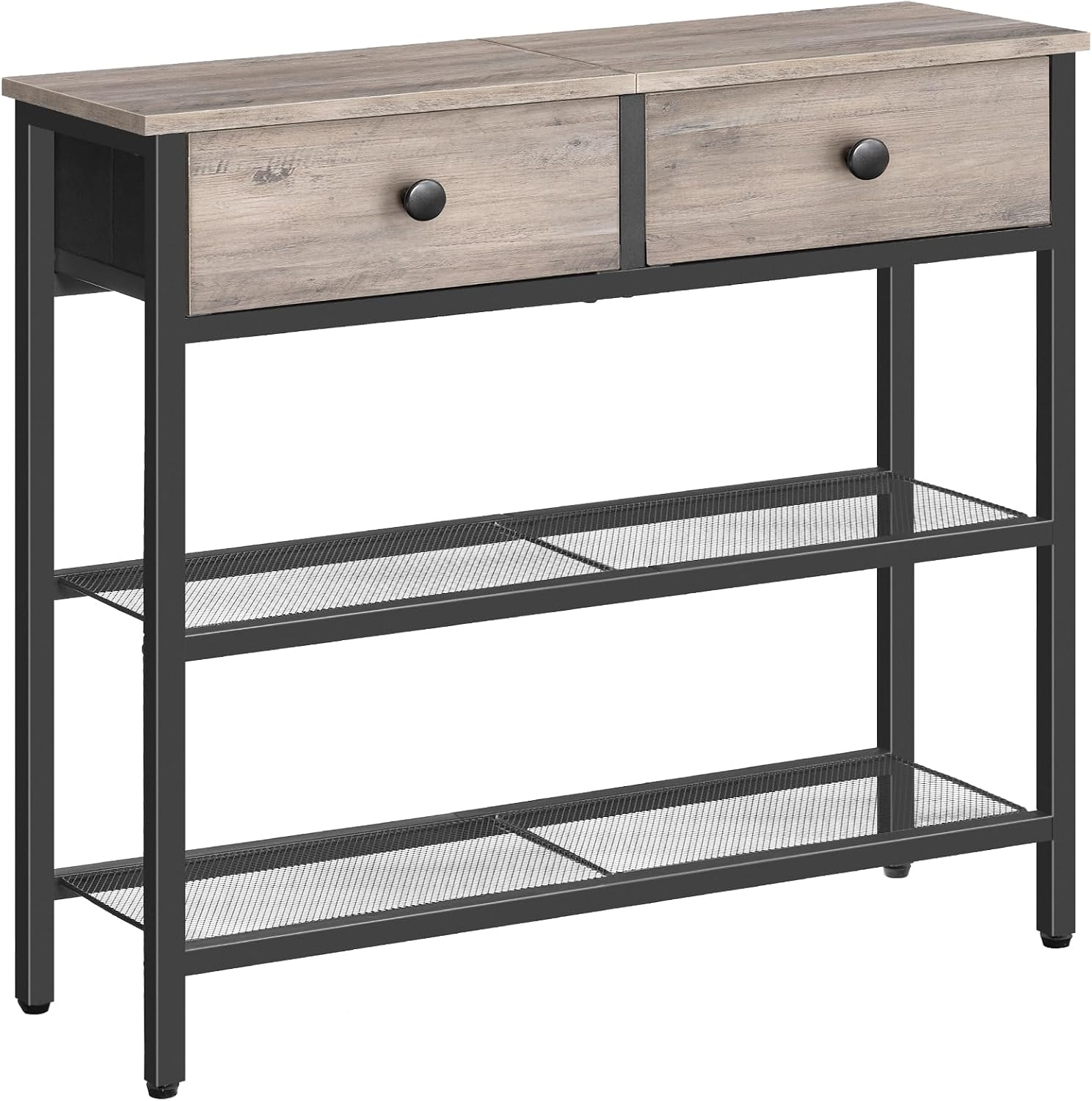 Narrow entryway table/console table featuring two fabric drawers and three storage shelves.