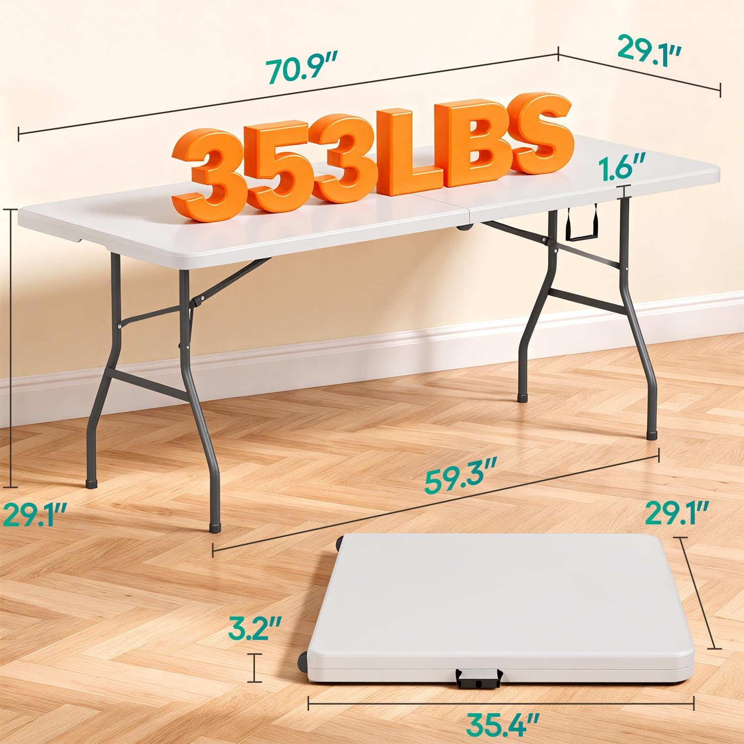 6-Foot Folding Table. Portable Bi-Fold Plastic Picnic/Party Table with Carrying Handle (White)