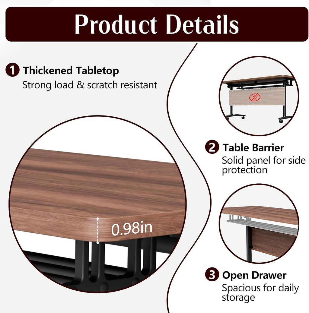 Folding Conference Table with Wheels – Modular Conference Room Table (4-Piece Set, Walnut Finish).