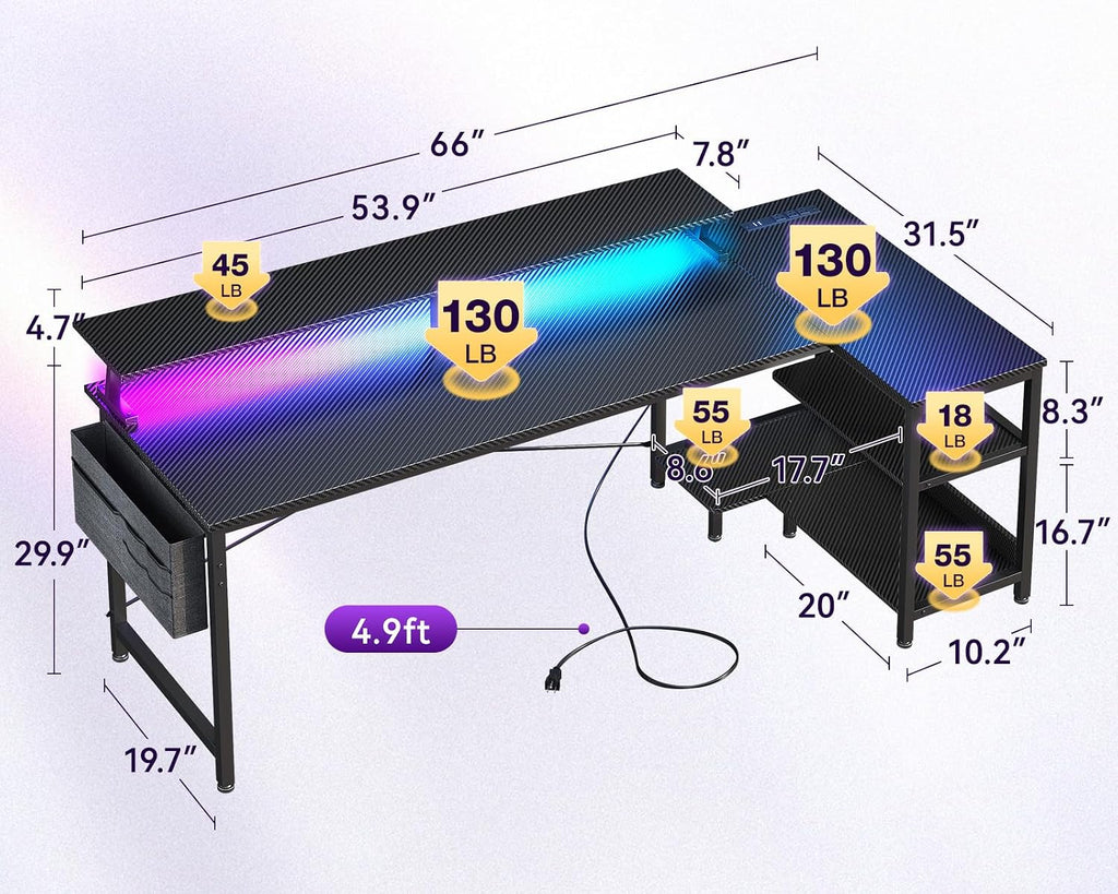 Gaming desk featuring USB charging ports and LED lights.
