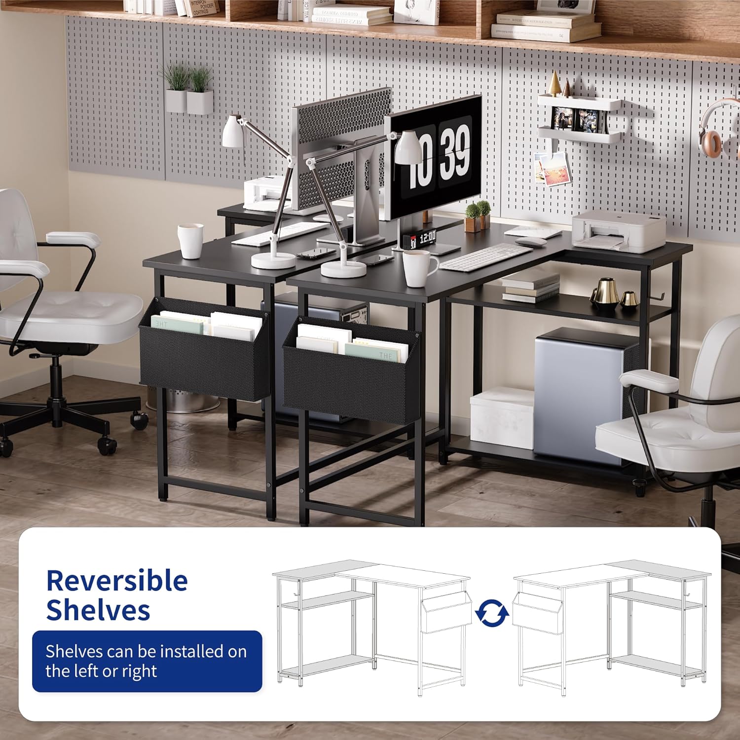 L-shaped computer desk featuring reversible side storage shelves.