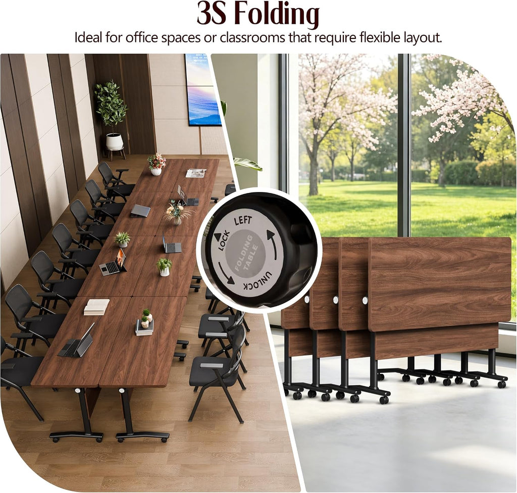 Folding Conference Table with Wheels – Modular Conference Room Table (4-Piece Set, Walnut Finish).