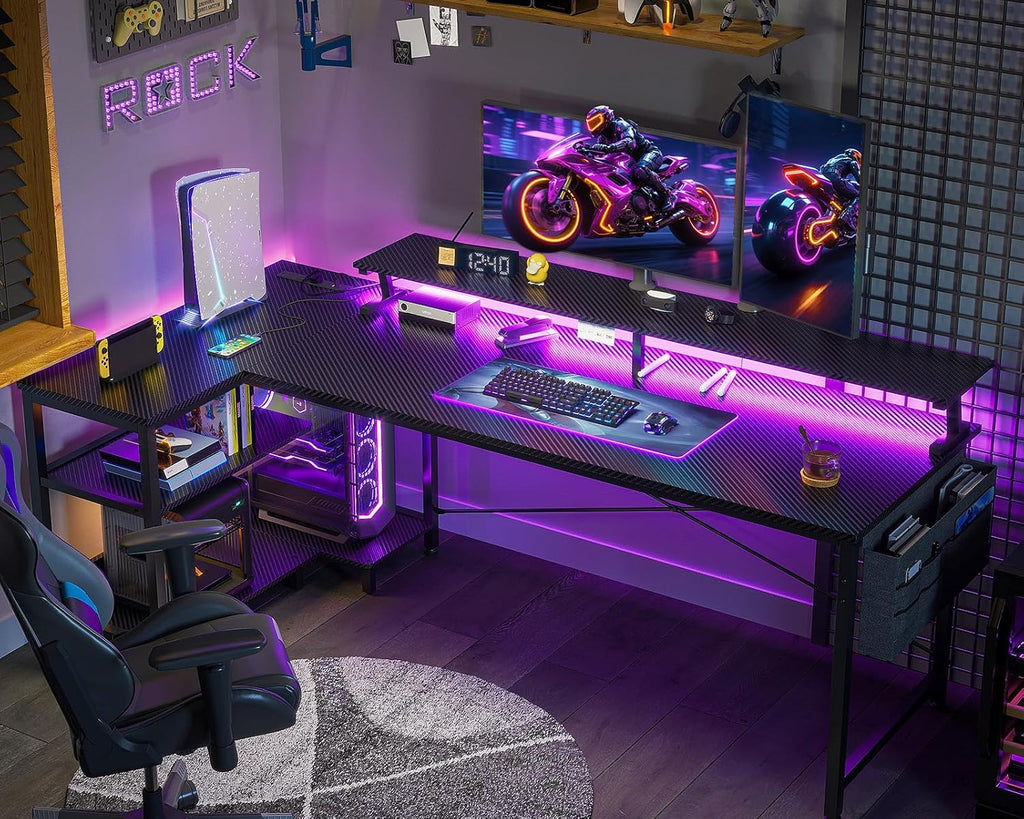 Gaming desk featuring USB charging ports and LED lights.