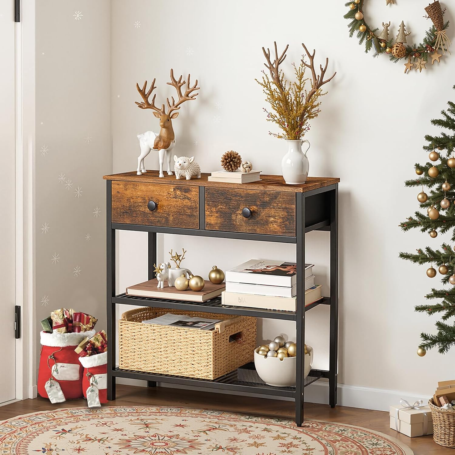 Narrow entryway table/console table featuring two fabric drawers and three storage shelves.