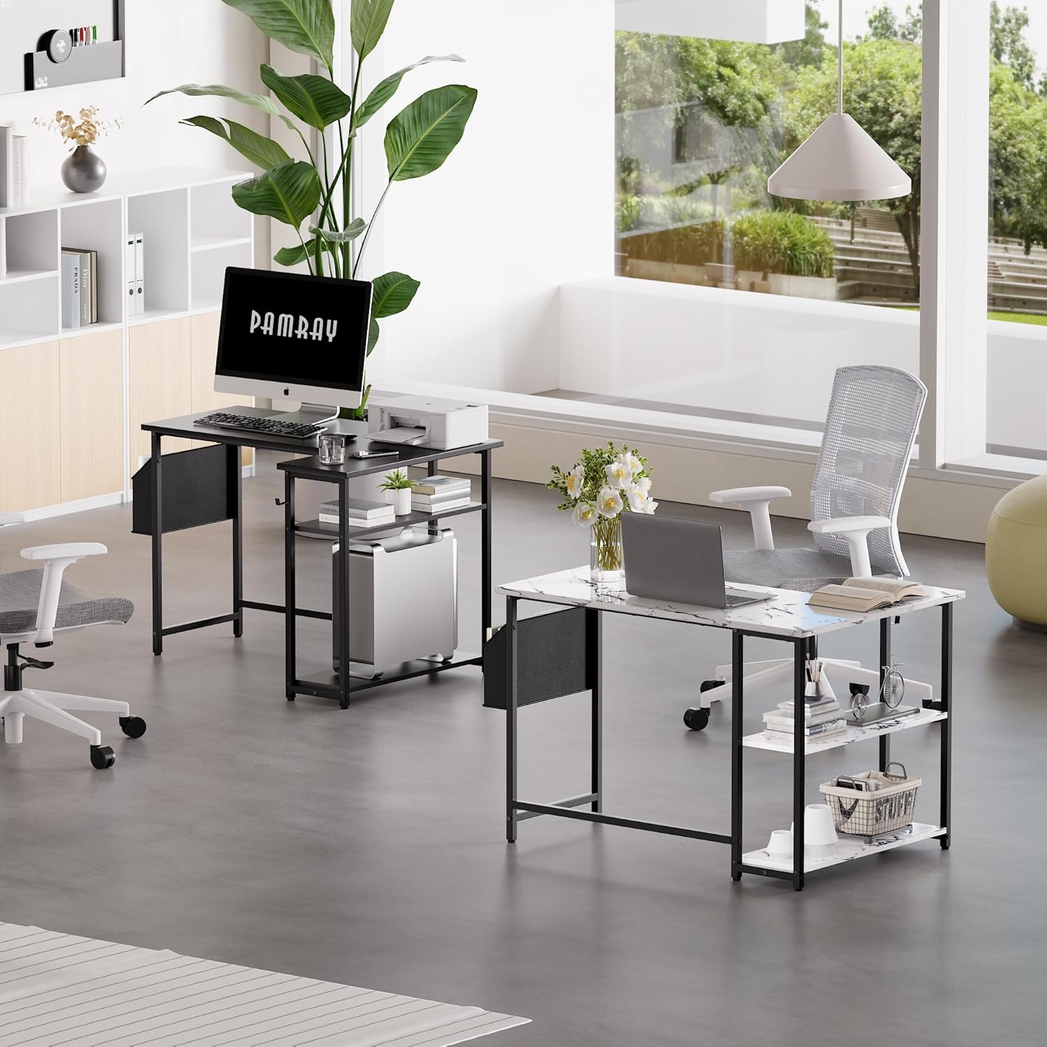 L-shaped computer desk featuring reversible side storage shelves.