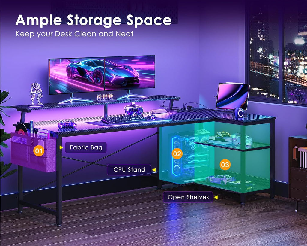 Gaming desk featuring USB charging ports and LED lights.