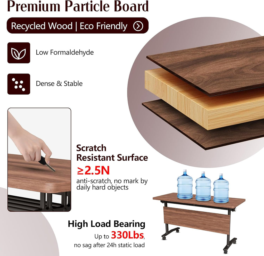 Folding Conference Table with Wheels – Modular Conference Room Table (4-Piece Set, Walnut Finish).