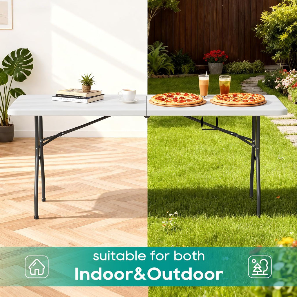 6-Foot Folding Table. Portable Bi-Fold Plastic Picnic/Party Table with Carrying Handle (White)