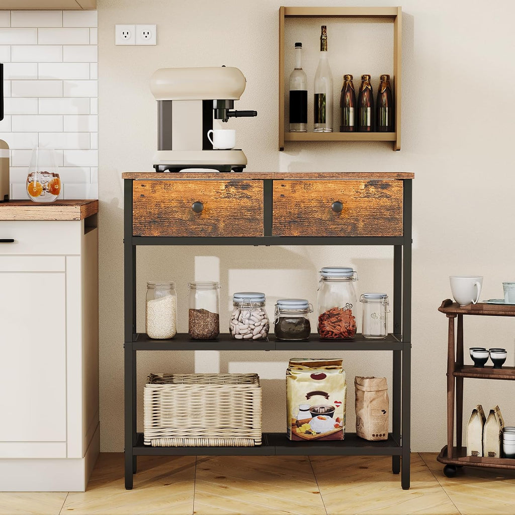 Narrow entryway table/console table featuring two fabric drawers and three storage shelves.