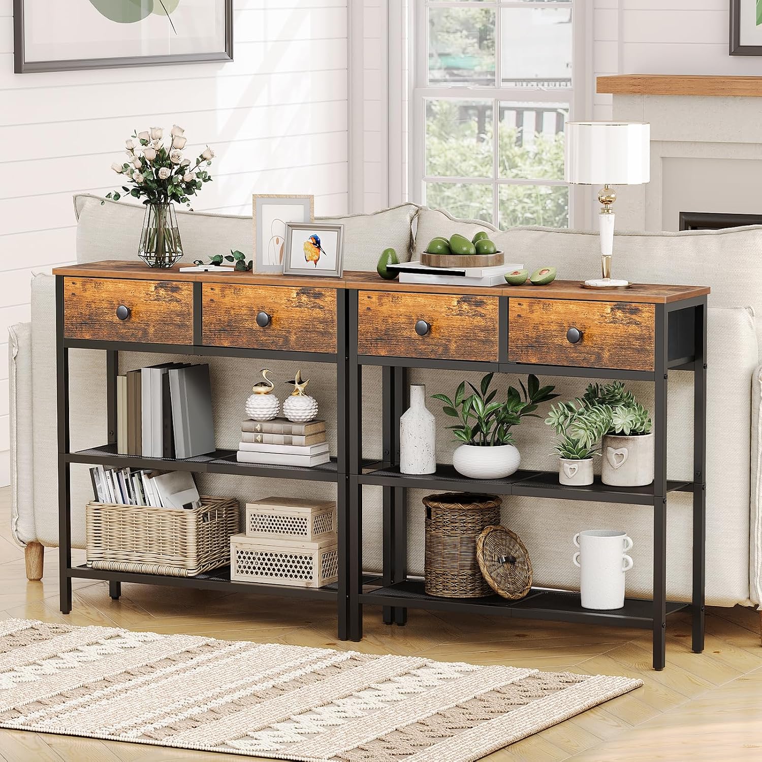 Narrow entryway table/console table featuring two fabric drawers and three storage shelves.