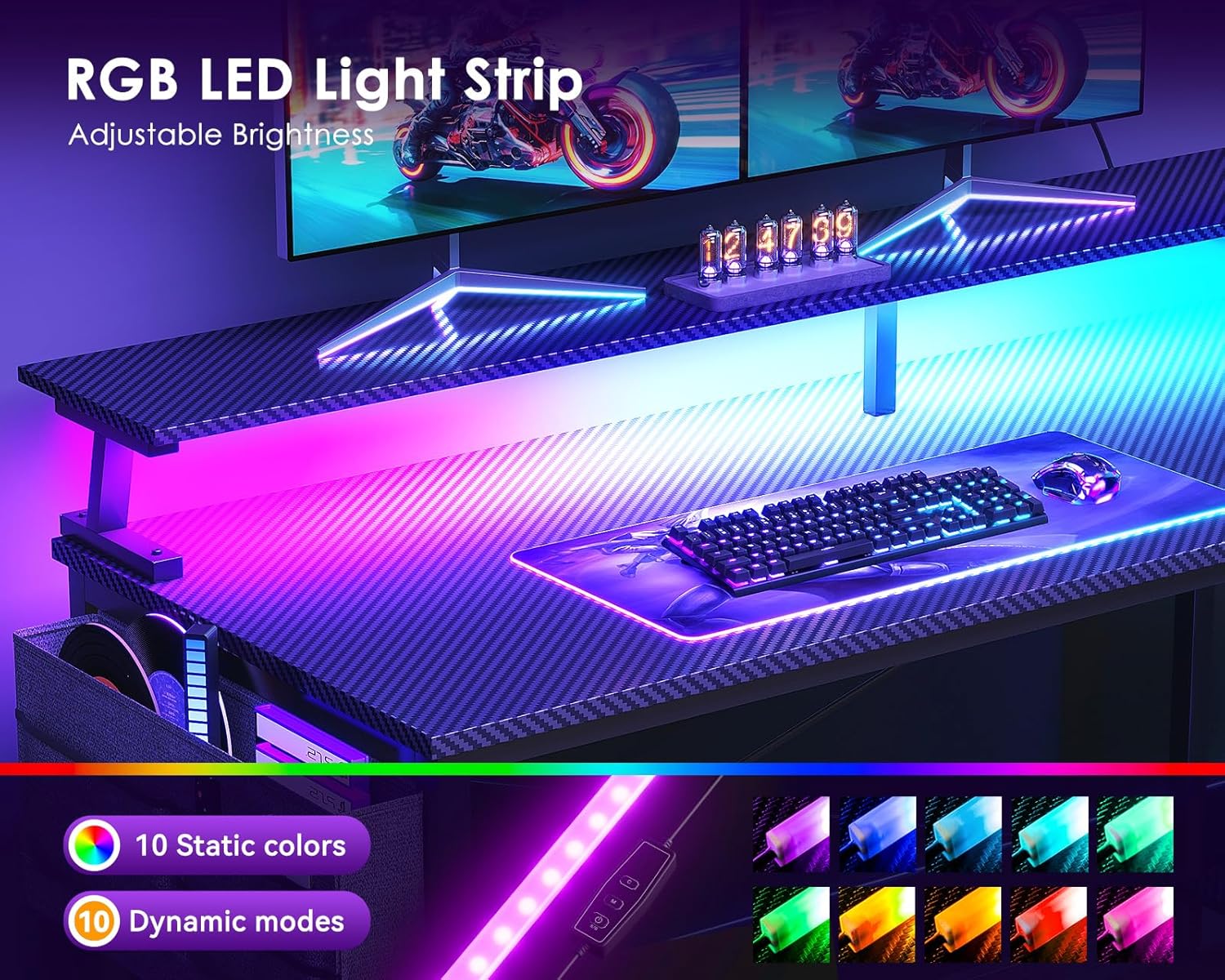 Gaming desk featuring USB charging ports and LED lights.