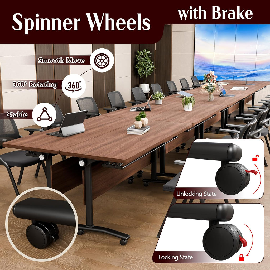 Folding Conference Table with Wheels – Modular Conference Room Table (4-Piece Set, Walnut Finish).