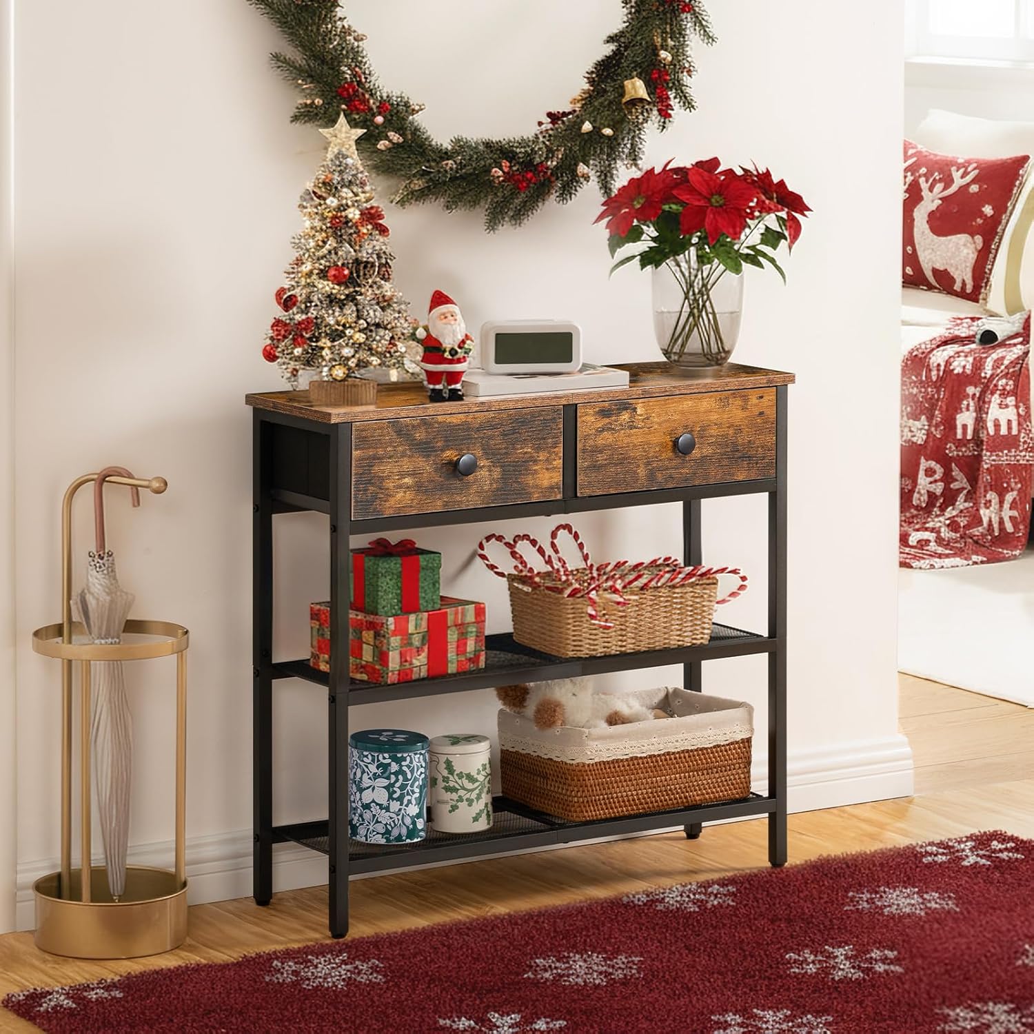 Narrow entryway table/console table featuring two fabric drawers and three storage shelves.