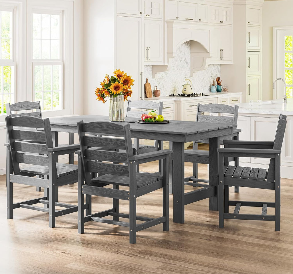 Dining table and chair set. 7-piece outdoor dining set, including a table with an umbrella hole and six chairs.