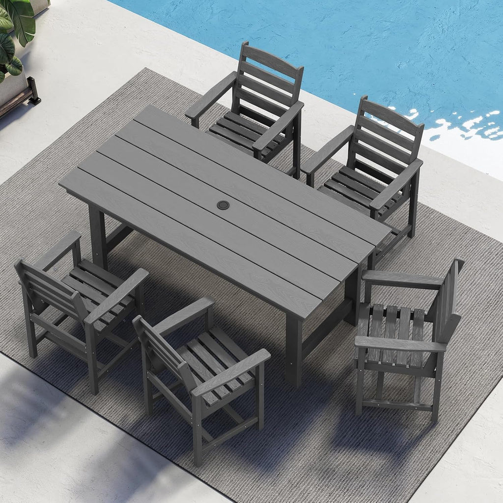 Dining table and chair set. 7-piece outdoor dining set, including a table with an umbrella hole and six chairs.