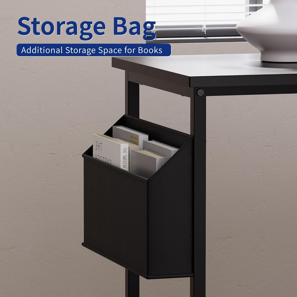 L-shaped computer desk featuring reversible side storage shelves.
