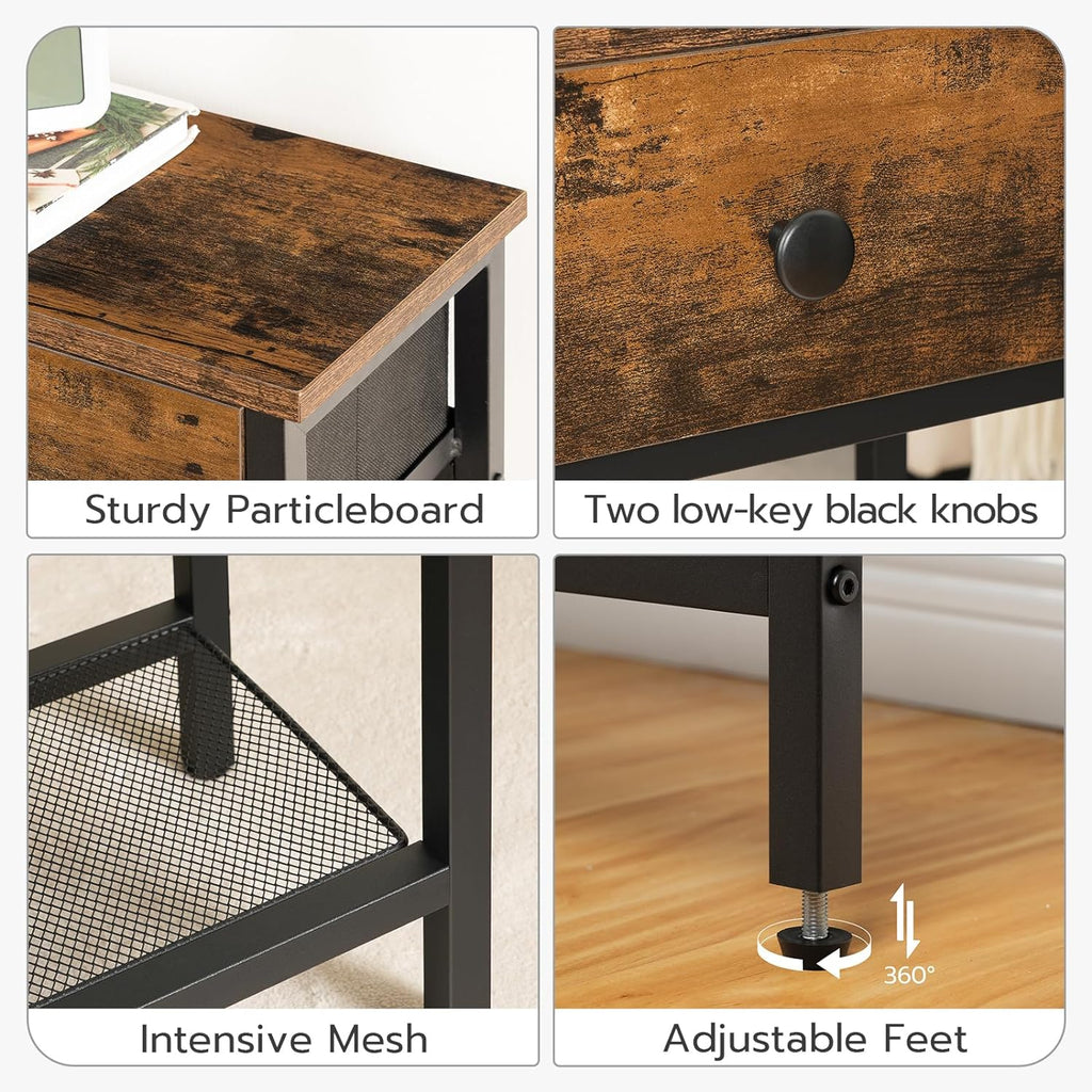 Narrow entryway table/console table featuring two fabric drawers and three storage shelves.