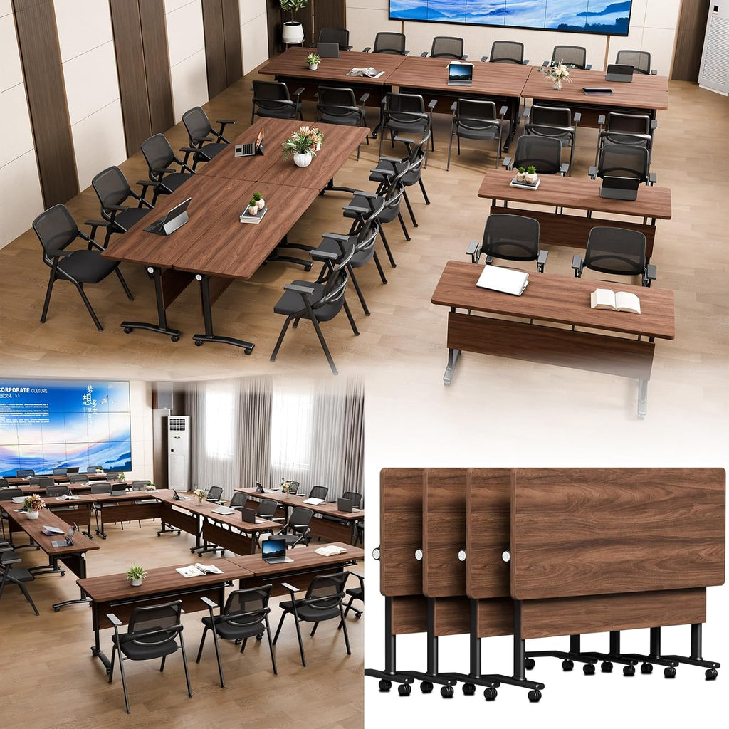Folding Conference Table with Wheels – Modular Conference Room Table (4-Piece Set, Walnut Finish).