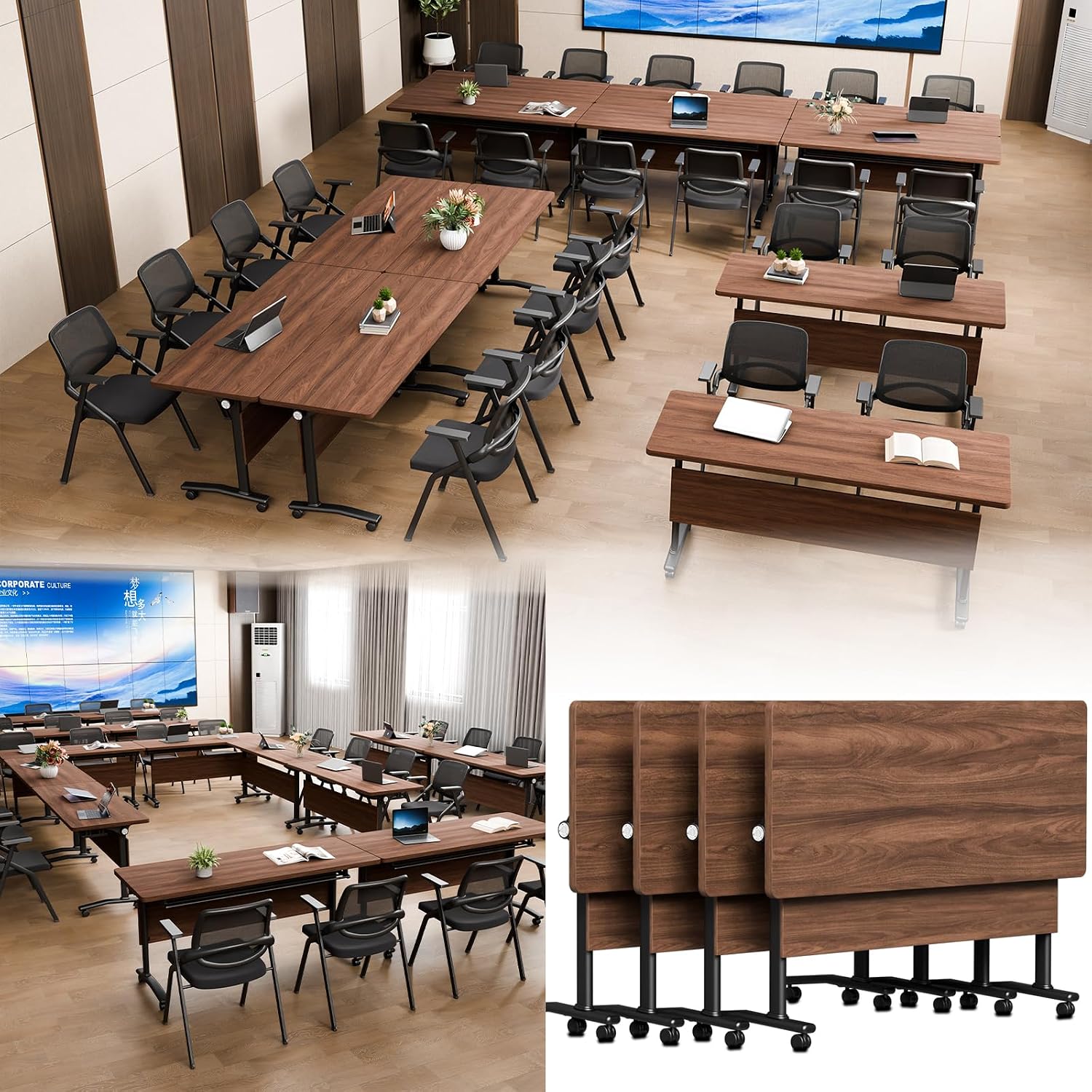 Folding Conference Table with Wheels – Modular Conference Room Table (4-Piece Set, Walnut Finish).