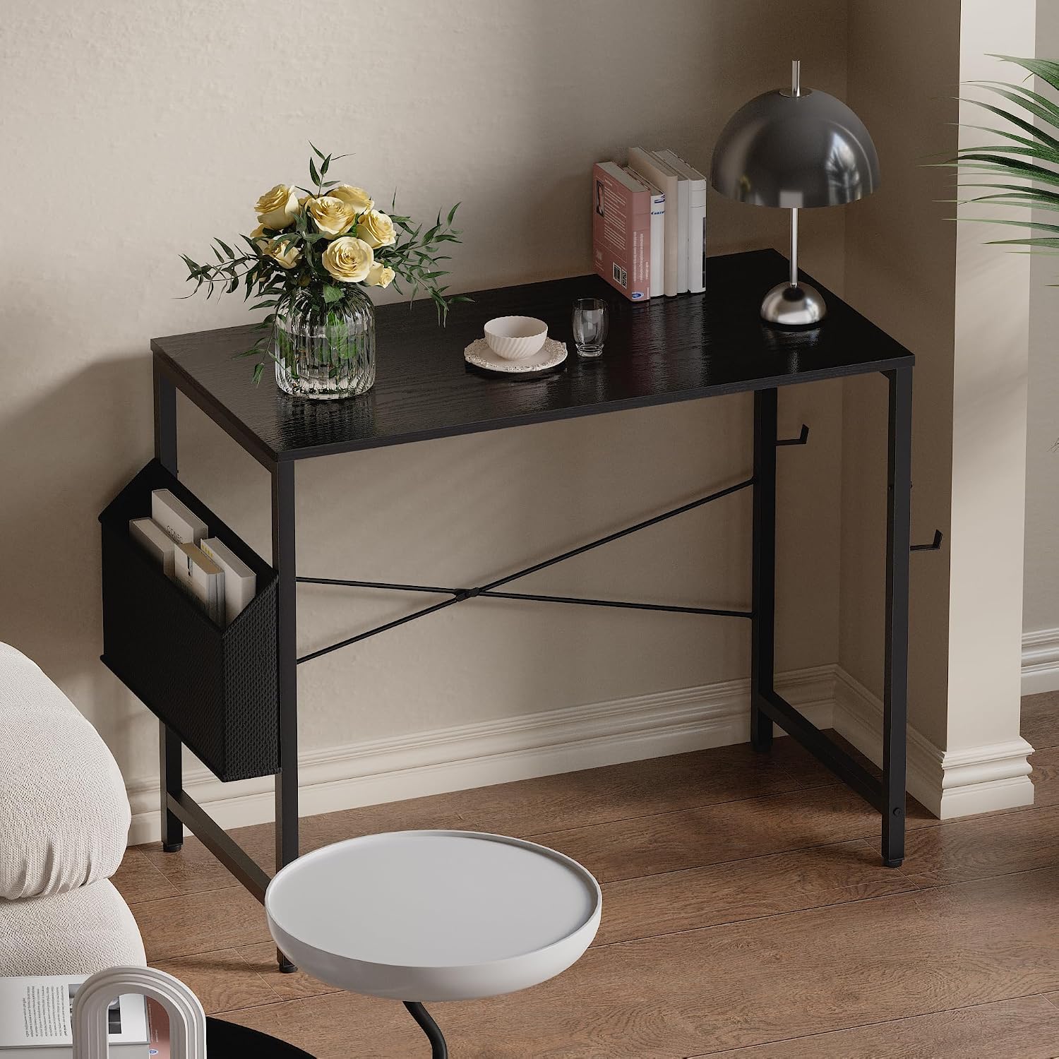 Compact Computer Desk for Small Spaces (with Storage Pocket)