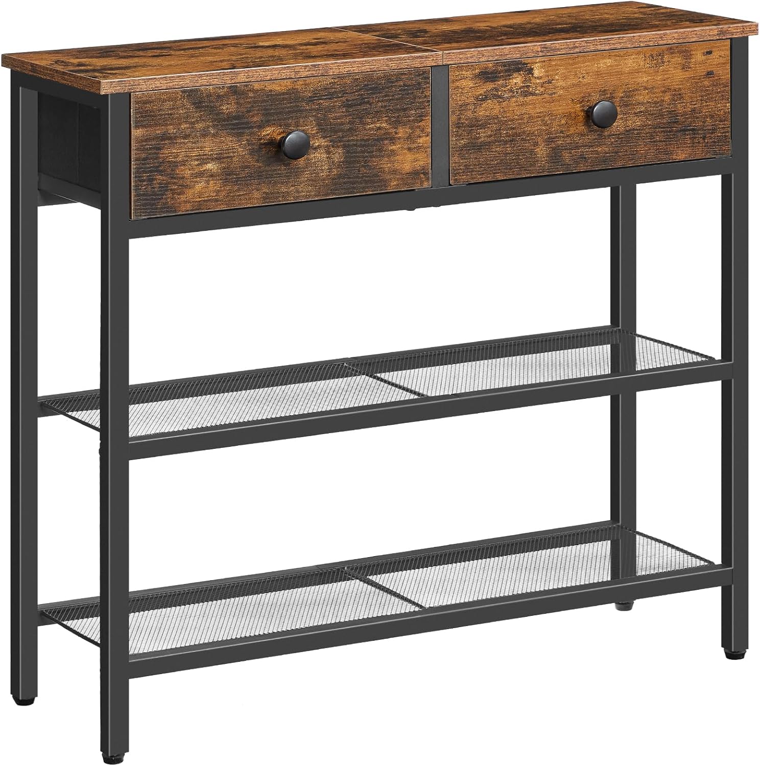 Narrow entryway table/console table featuring two fabric drawers and three storage shelves.