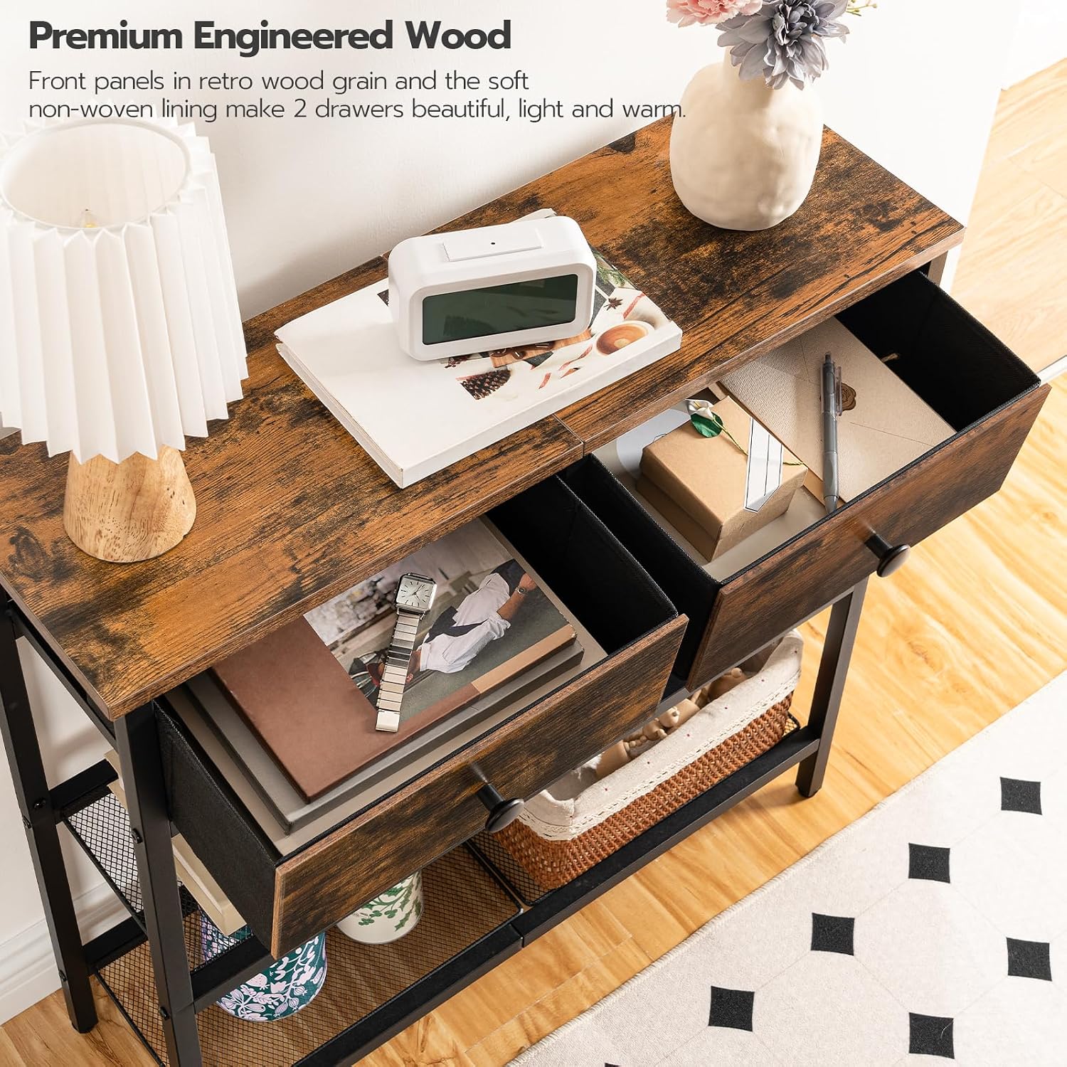 Narrow entryway table/console table featuring two fabric drawers and three storage shelves.