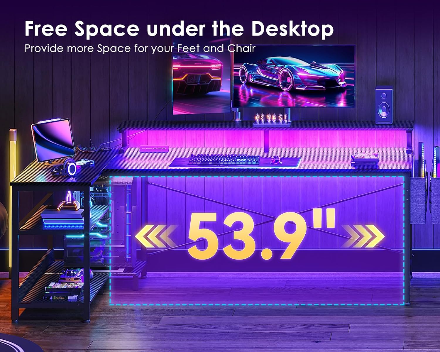 Gaming desk featuring USB charging ports and LED lights.