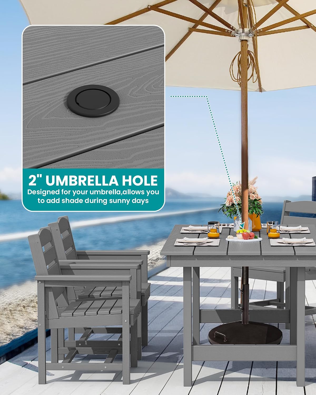 Dining table and chair set. 7-piece outdoor dining set, including a table with an umbrella hole and six chairs.