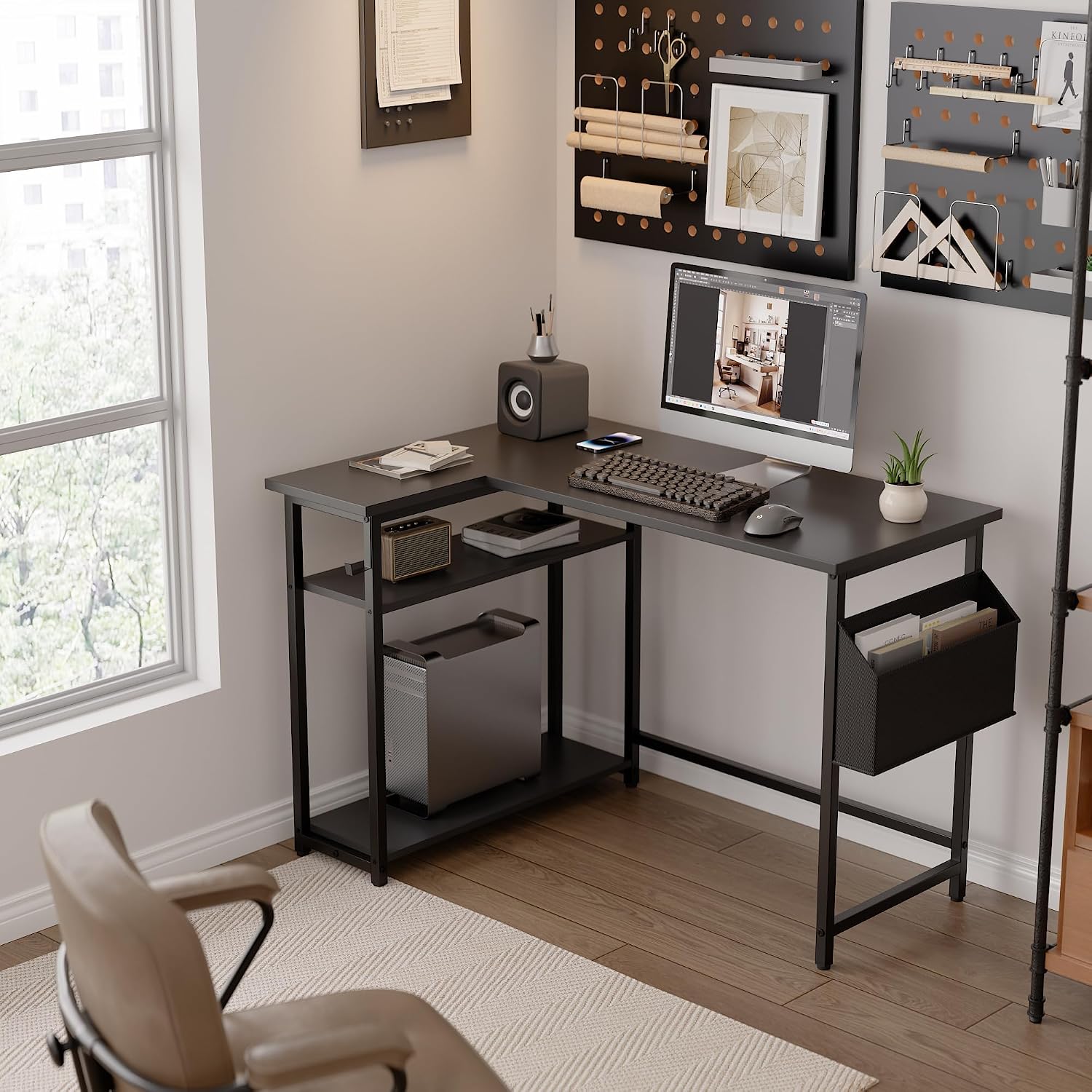 L-shaped computer desk featuring reversible side storage shelves.
