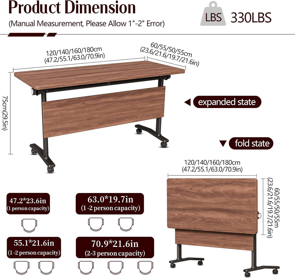 Folding Conference Table with Wheels – Modular Conference Room Table (4-Piece Set, Walnut Finish).