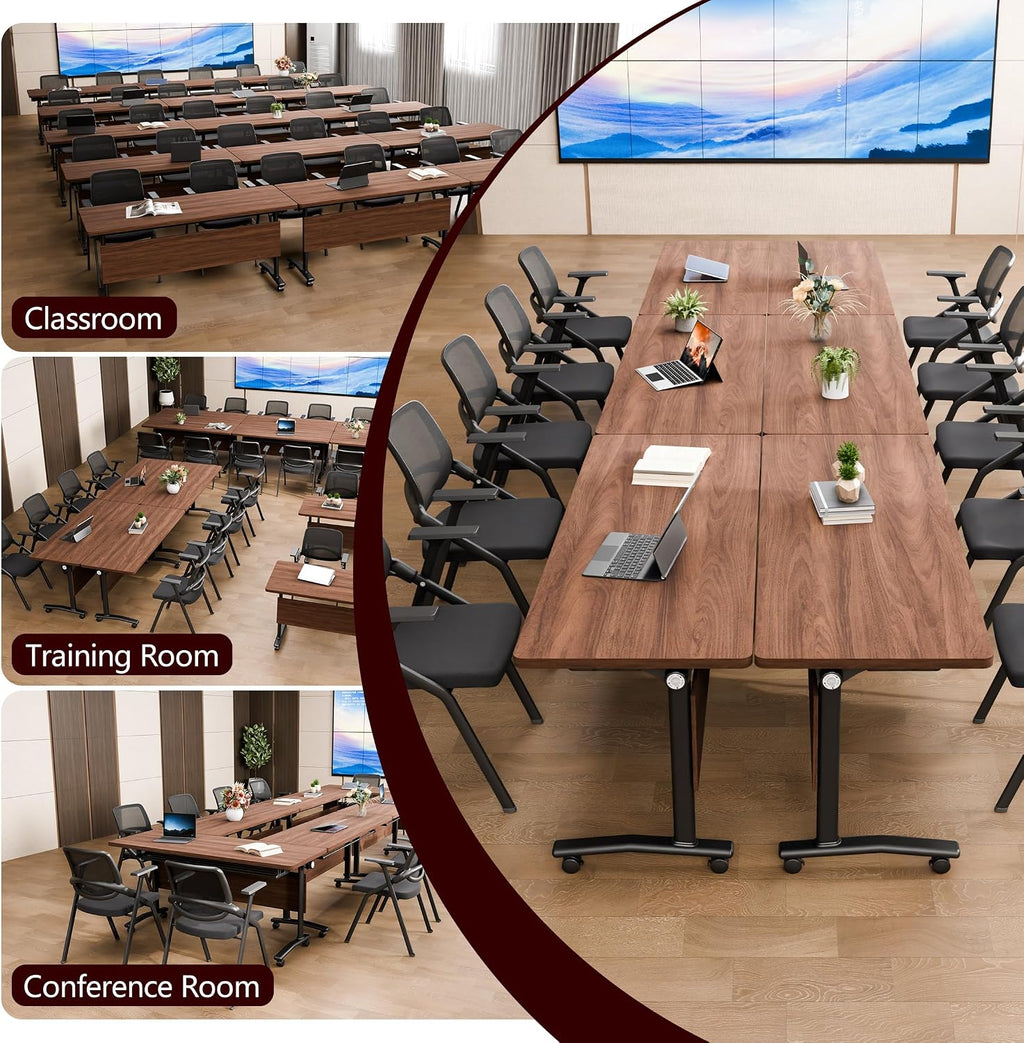 Folding Conference Table with Wheels – Modular Conference Room Table (4-Piece Set, Walnut Finish).