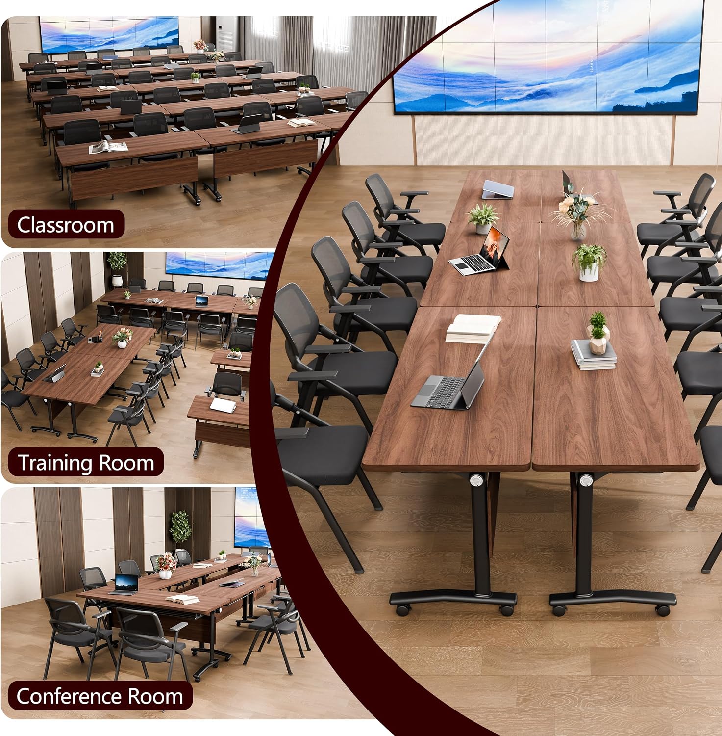 Folding Conference Table with Wheels – Modular Conference Room Table (4-Piece Set, Walnut Finish).